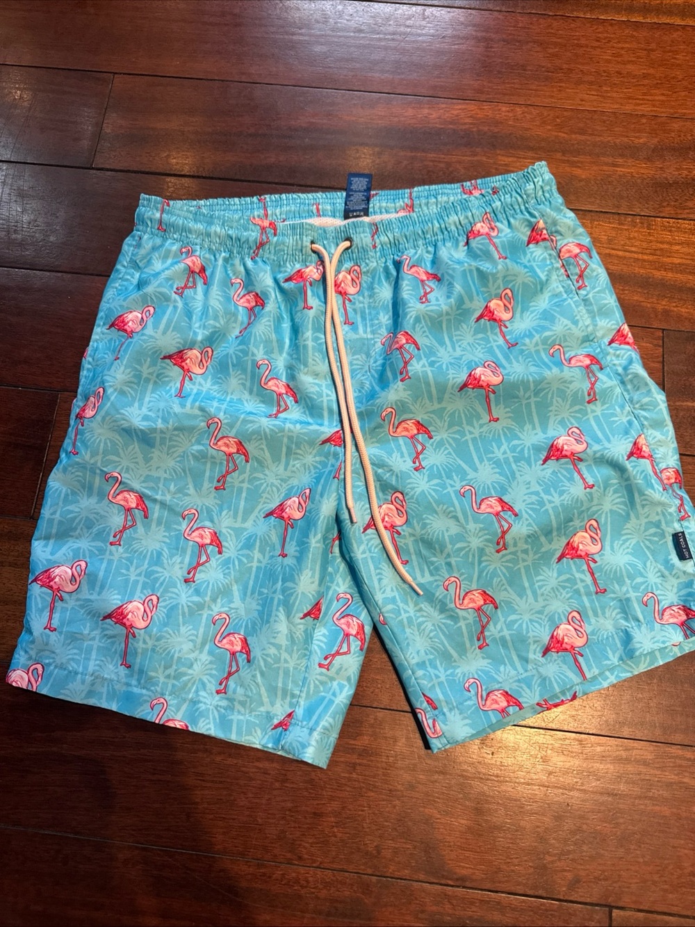 Men's Hot Coals swim trunks Sz L Blue And Pink Flamingo elastic waist drawstring